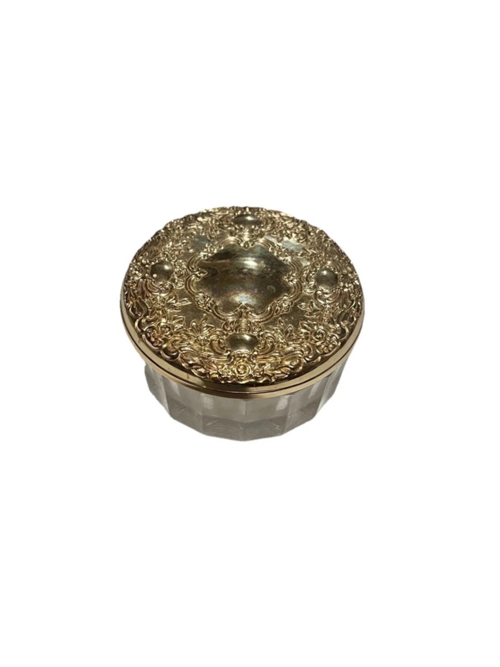 Vtg Makeup Powder Jar Silver Plated Mirror Lid Crystal Glass Puff Display